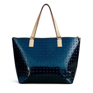 Arcadia Elegant Black Patent Leather Tote Bag Tan Leather Straps